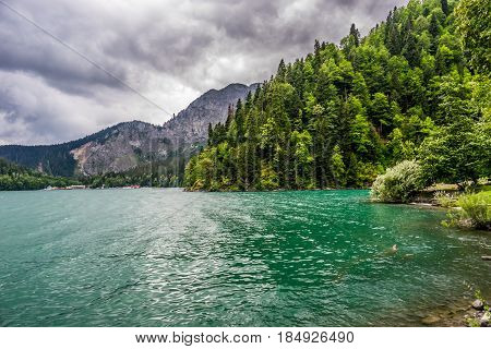 Lake Ritsa in the cloudy weather before the rain