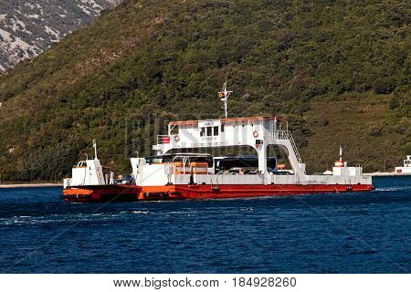 Lepetani, Montenegro - August, 2016: Ferry boat in Boka Kotor Bay from Lepetane to Kamenari in Montenegro
