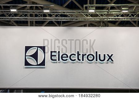 Moscow, Russia - February, 2016: AB Electrolux company logo on the wall. Electrolux is a Swedish multinational home appliance manufacturer