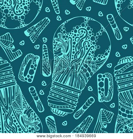 Decorative ornate hand drawn light bulb with bubbles leaves and waves ornate letters idea word and dotts. Seamless pattern. Creative background