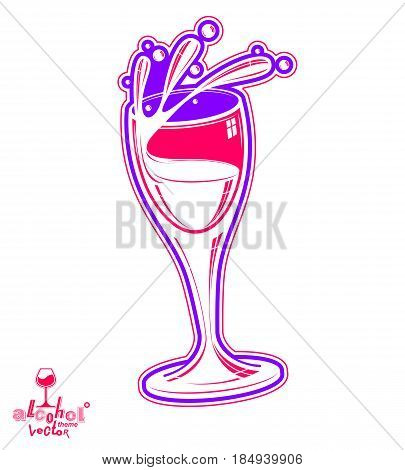 Realistic 3d wineglass beverage theme illustration. Decorative artistic lounge object - goblet of wine with splatters leisure and entertainment element party lifestyle.