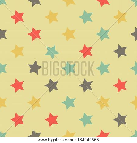 Seamless retro pattern of colored stsrs on beige background.