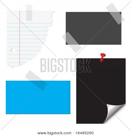 Raster - Cards, ripped paper, adhesive tape and pin. Stationery set.