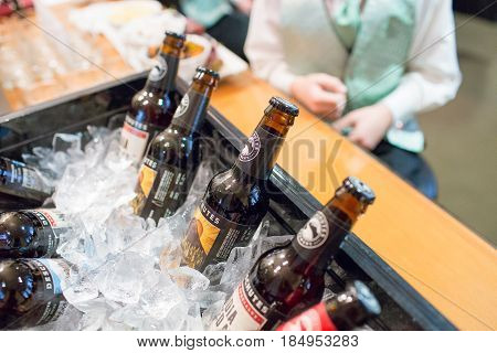 OREGON CITY, OR - APRIL 9, 2017: Deschutes Brewery beer on ice in the getting ready room of the groom at Abernethy Center.