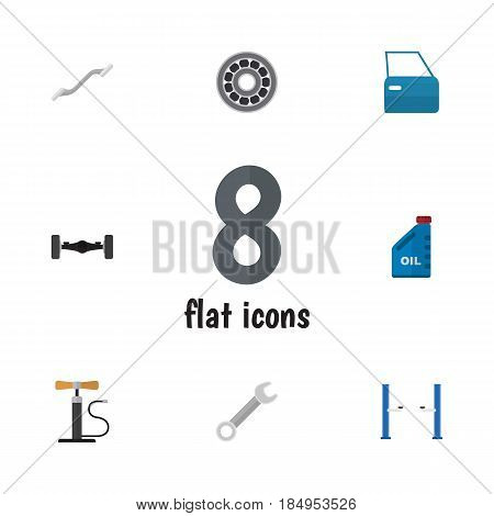 Flat Auto Set Of Spanner, Coupler, Petrol And Other Vector Objects. Also Includes Suspension, Lifting, Door Elements.