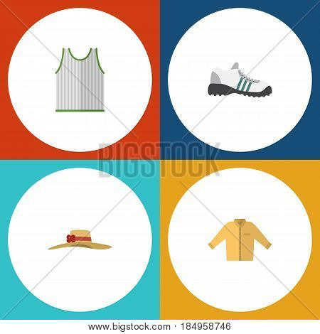 Flat Dress Set Of Sneakers, Elegant Headgear, Banyan And Other Vector Objects. Also Includes Sneakers, Gumshoes, Banyan Elements.