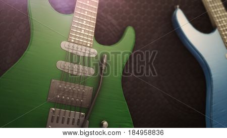 Blue And Green Electric Guitar With Big Close-up 3D Illustration