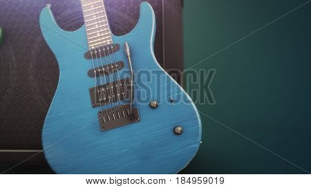 Blue Electric Guitar With Big Close-up With Copy Space 3D Illustration