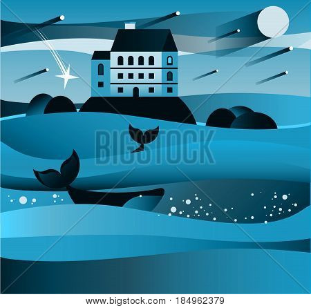 Landscape of the water. Sea wave. House on the rock, Whale. Mountain land. Starfall, moon. Fairy tale, starry night near the sea. Flat illustration. Island