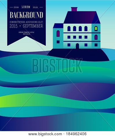 Landscape of the water. Sea wave. House on the rock, Whale. Mountain land. Starfall, moon. Fairy tale, starry night near the sea. Flat illustration. Island