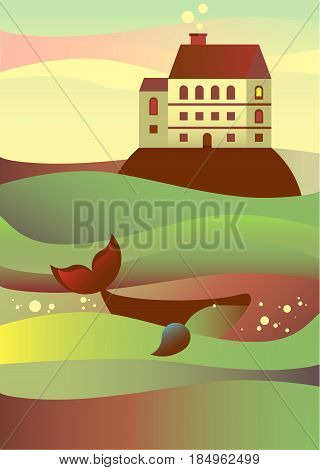 Landscape of the water. Sea wave. House on the rock, Whale. Mountain land. Starfall, moon. Fairy tale, starry night near the sea. Flat illustration. Island