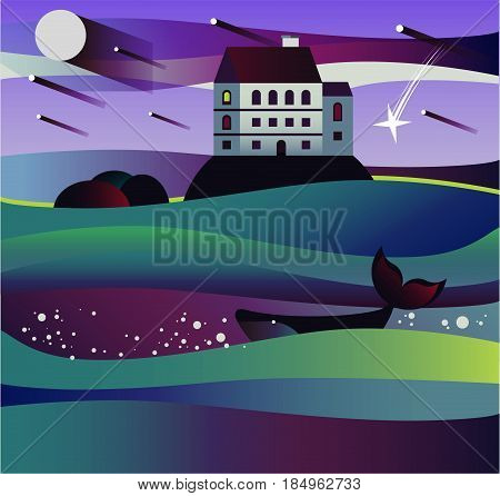 Landscape of the water. Sea wave. House on the rock, Whale. Mountain land. Starfall, moon. Fairy tale, starry night near the sea. Flat illustration. Island