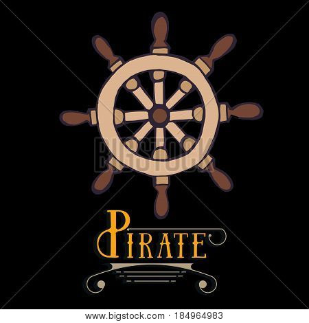 Marine helm wheel with sample typography. Hand drawing symbol haelm. Laybel for sea ship, marine equipment, captain