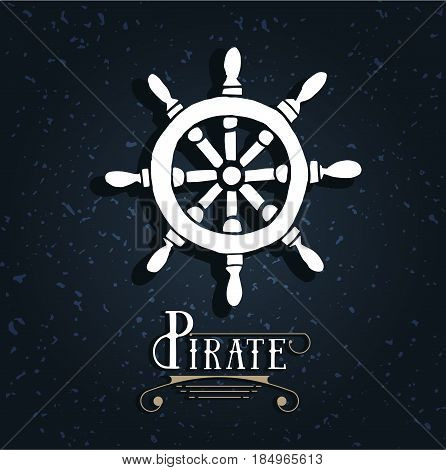 Marine helm wheel with sample typography. Hand drawing symbol haelm. Laybel for sea ship, marine equipment, captain