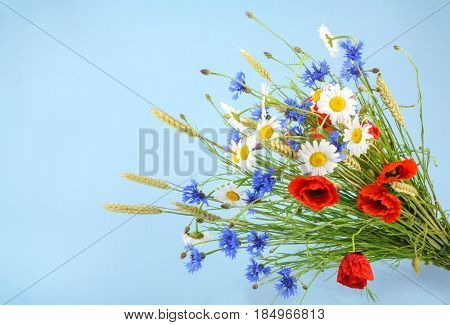 Bouquet Of Beautiful Flowers (cornflowers, Chamomiles Wheat And Poppies) With Copyspace