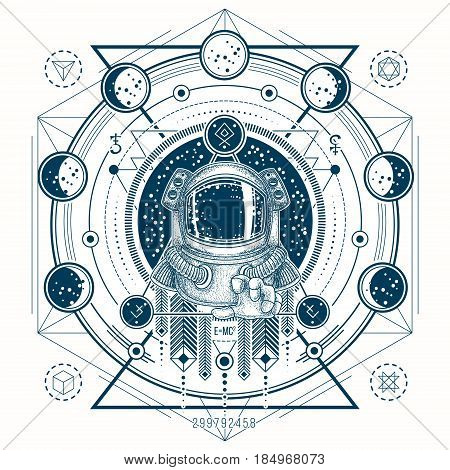 Vector illustration of a astronaut in a space suit in the background of a night starry sky, geometric sketch of a tattoo with moon phases. Print