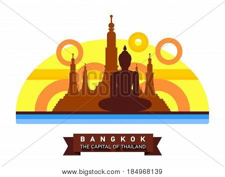 Bangkok, Thailand flat landscape of the city. Travel to Asia. Golden temple, statue of budhha. Cultural sights. Religion symbol.