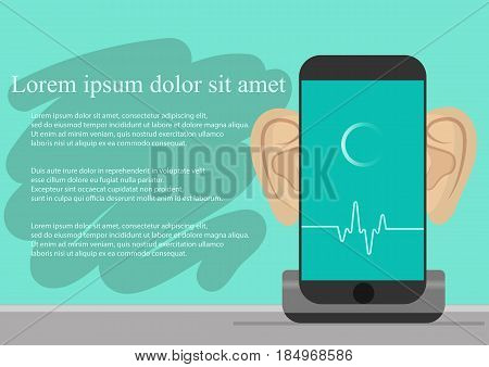 Smartphone with ears, recording audio on screen. Background with simple line icons.Concept of security and protection of electronic virtual information in gadgets and social networks of the Internet..Vector illustration.