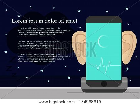 Smartphone with ears, recording audio on screen. Concept of security and protection of electronic virtual information in gadgets and social networks and Smart alarm clock.Vector illustration.