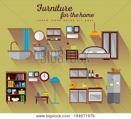 House in cut. Detailed modern house interior. Furniture for different rooms. Flat style vector illustration. Kitchen, bathroom, bedroom, living room.