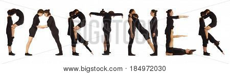Black dressed people forming word PARTNER on white background