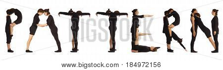 Black dressed people forming word PATTERN on white background