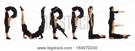 Black dressed people forming word PURPLE on white background