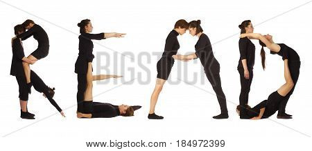 Black dressed people forming word READ on white background