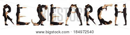 Black dressed people forming word RESEARCH on white background