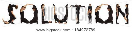 Black dressed people forming word SOLUTION on white background