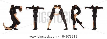 Black dressed people forming word START on white background