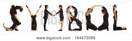 Black dressed people forming word SYMBOL on white background