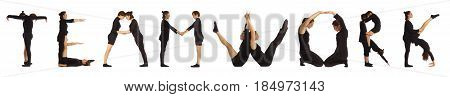 Black dressed people forming word TEAMWORK on white background