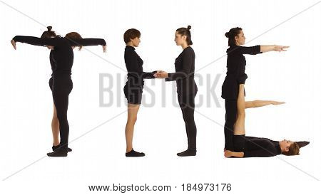 Black dressed people forming word THE on white background