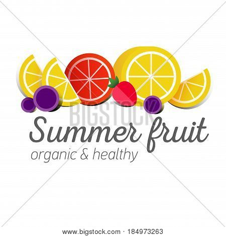Flat logo or fruit symbol. Typography. Icon healthy diet. Stewed fruit. Lemon with clice of grapefruit, strawberries, grapes.