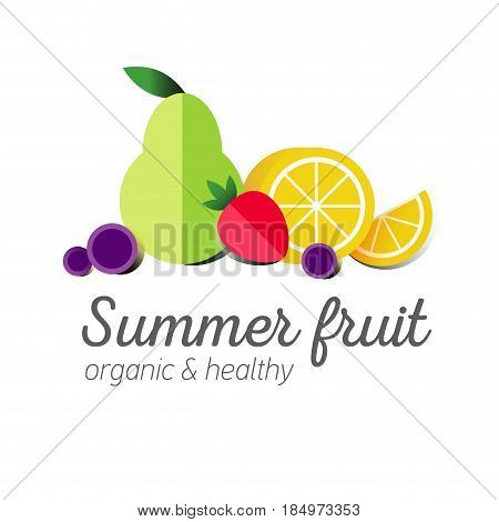Flat logo or fruit symbol. Typography. Icon healthy diet. Stewed fruit. Lemon with clice of grapefruit, strawberries, grapes.