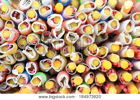 texture background of incense and candle use to pray in buddhism