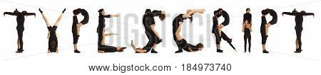 Black dressed people forming word TYPESCRIPT on white background