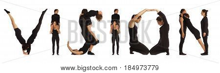 Black dressed people forming word VISION on white background