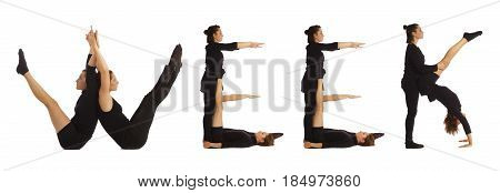 Black dressed people forming word WEEK on white background