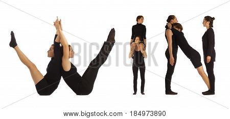 Black dressed people forming word WIN on white background