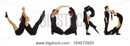 Black dressed people forming word WORD on white background