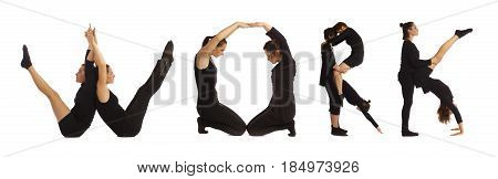 Black dressed people forming word WORK on white background
