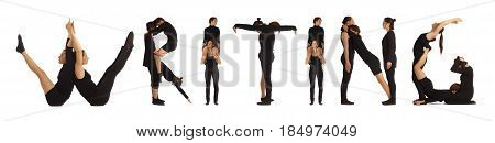 Black dressed people forming word WRITING on white background