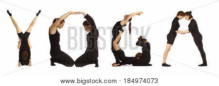 Black dressed people forming word YOGA on white background