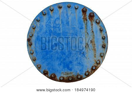 rusty blue pipe joint dicut white isolated