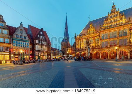 Old medieval market square in the historic part of the city. Bremen. Town Hall. Germany. Bavaria.