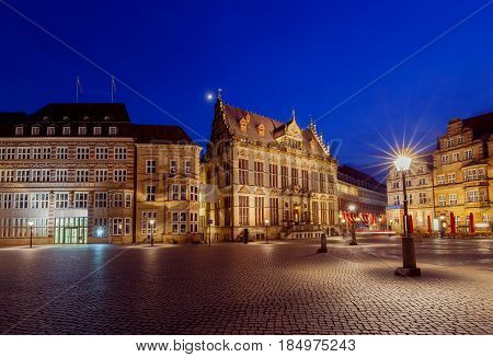 Old medieval market square in the historic part of the city. Bremen. Germany. Bavaria.
