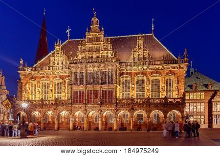Old medieval market square in the historic part of the city. Town Hall. Bremen. Germany. Bavaria.