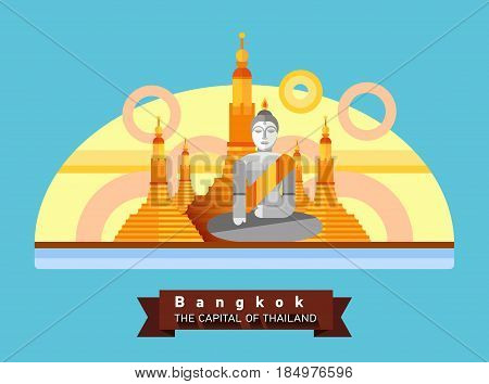 Bangkok, Thailand flat landscape of the city. Travel to Asia. Golden temple, statue of budhha. Cultural sights. Religion symbol.